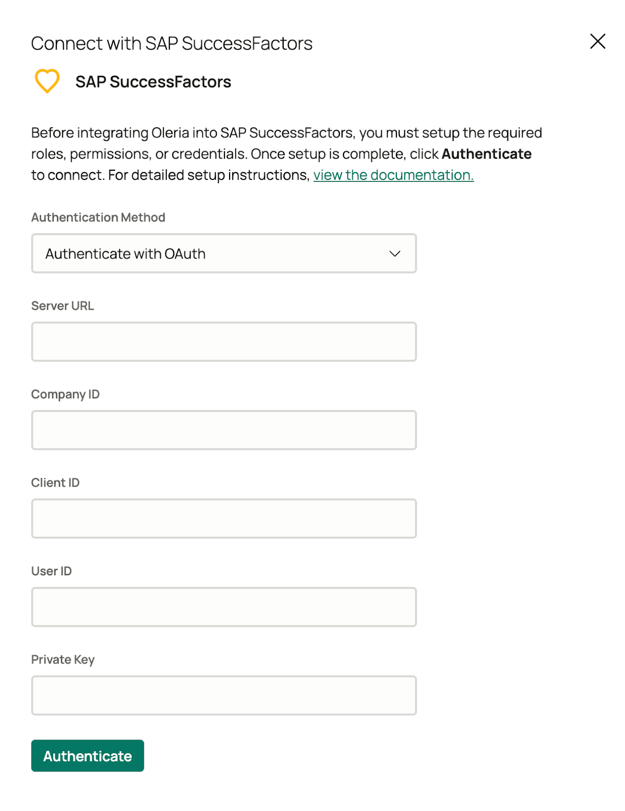 Oleria workspace SuccessFactors integration form with server URL field