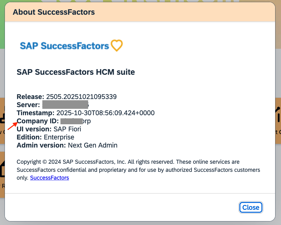 SAP SuccessFactors profile menu showing version information with company ID