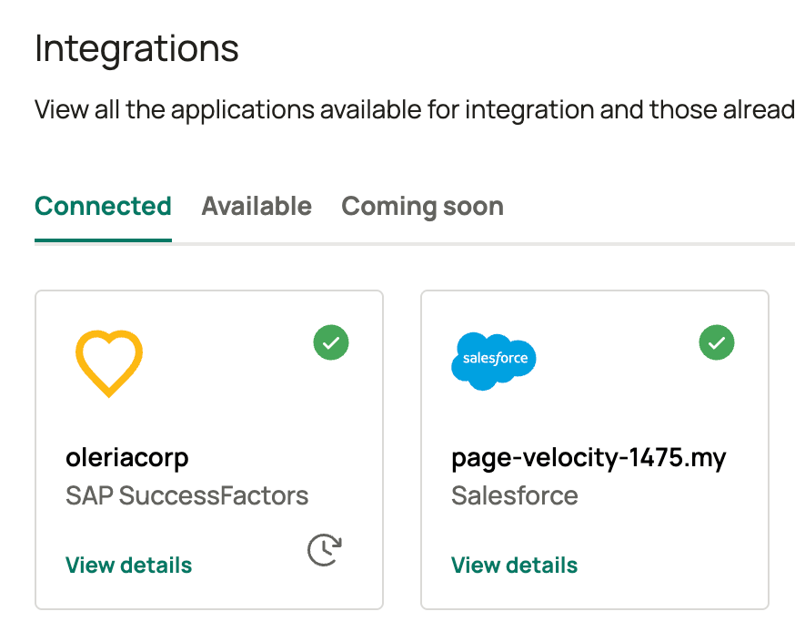 Oleria workspace Connected Integrations showing newly added SuccessFactors instance
