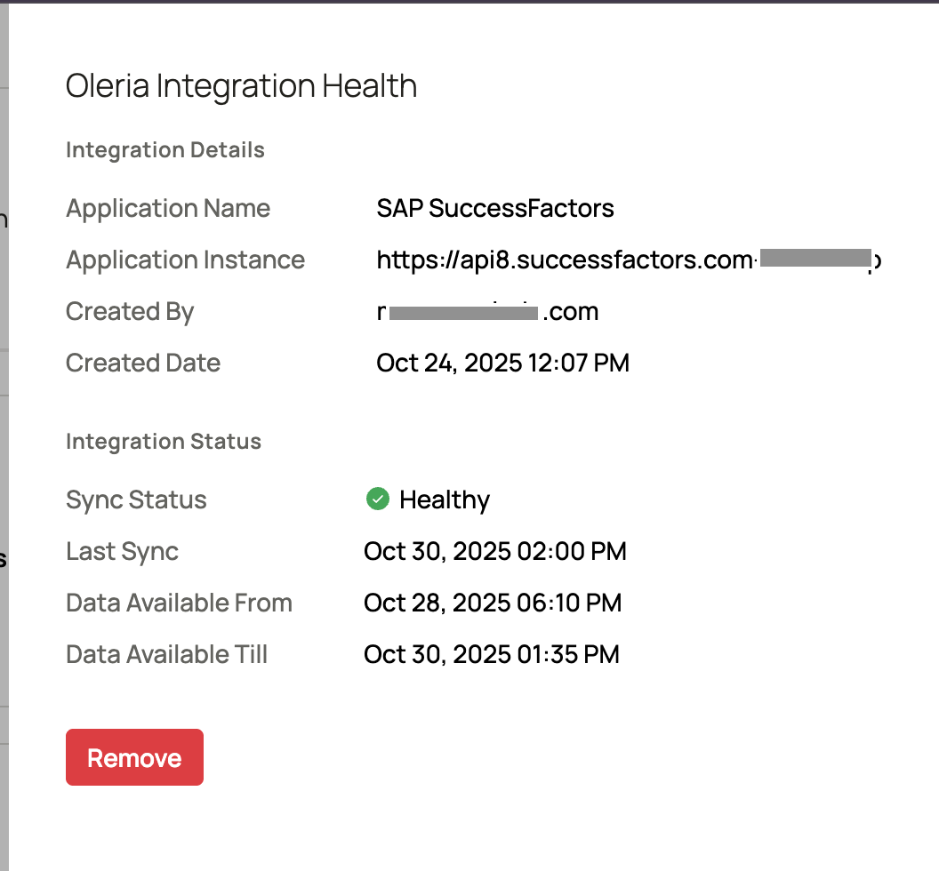 Oleria Connected Integrations page showing SuccessFactors integration health status