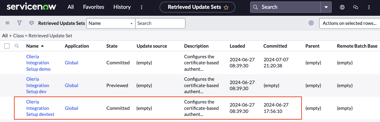 A successful update set commit shows a timestamp in the committed column