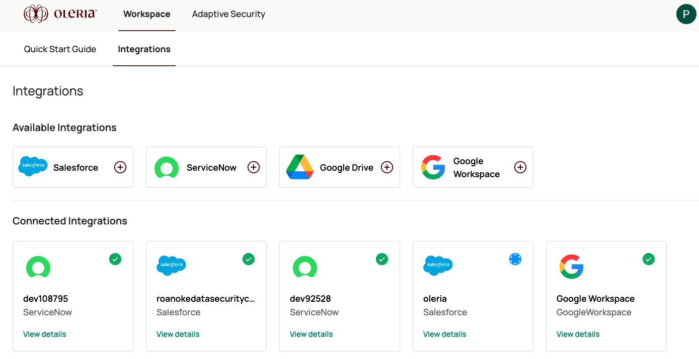 Oleria workspace Connected Integrations showing newly added ServiceNow instance