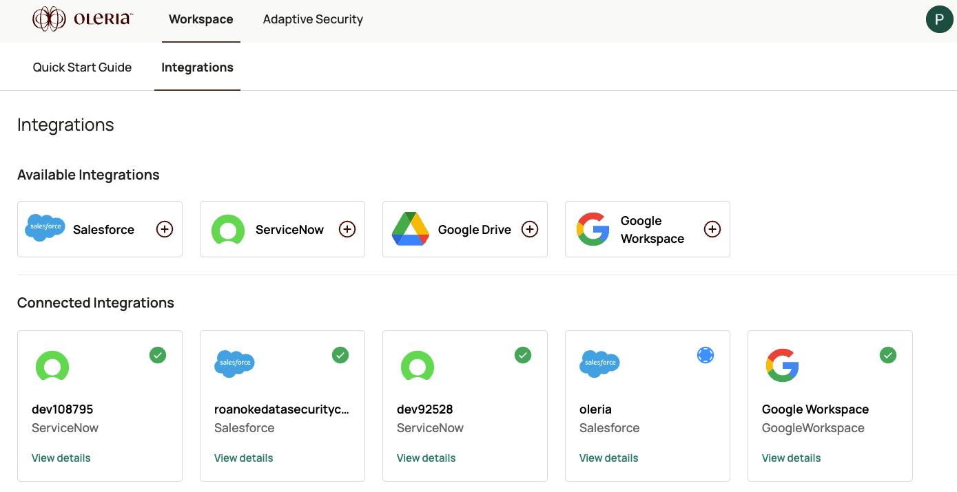 Oleria workspace Connected Integrations showing newly added ServiceNow instance