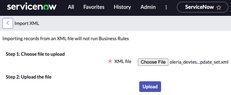 Upload Oleria Update set by selecting Choose file and Upload