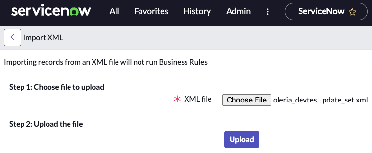 Upload Oleria Update set by selecting Choose file and Upload