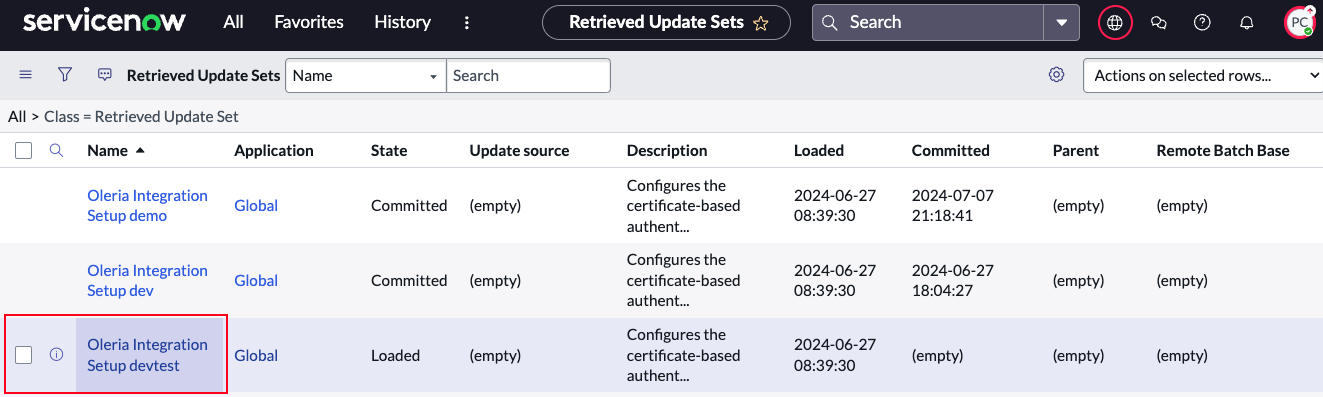 ServiceNow Retrieved Update Sets page with uploaded Oleria update set listed