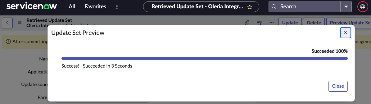 ServiceNow Update Set Preview showing successful run with no errors