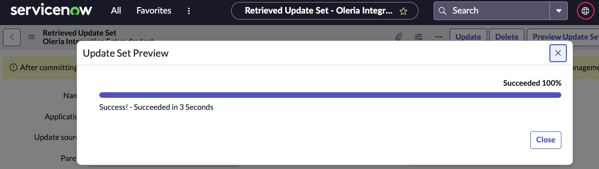 ServiceNow Update Set Preview showing successful run with no errors