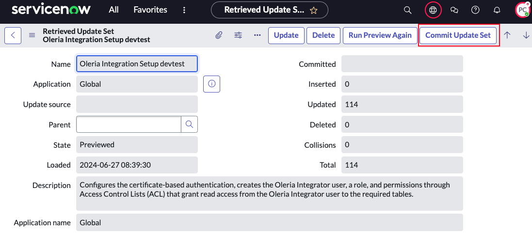 Select Commit Update Set and ensure it runs successfully