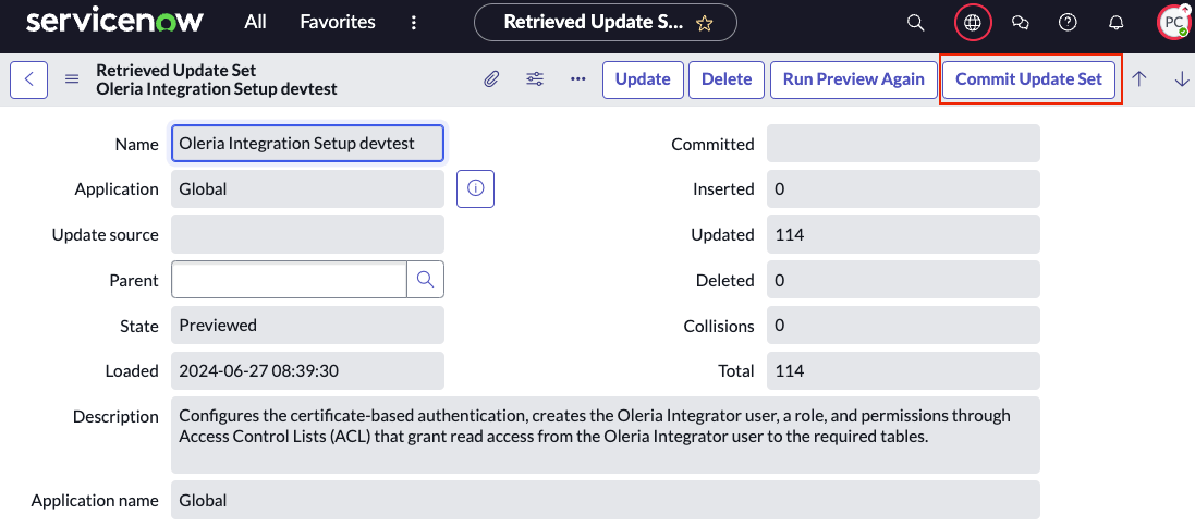 Select Commit Update Set and ensure it runs successfully