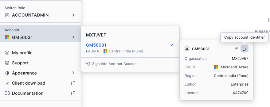Navigate to ACCOUNT ADMIN > Account > your account number. Copy the account identifier.