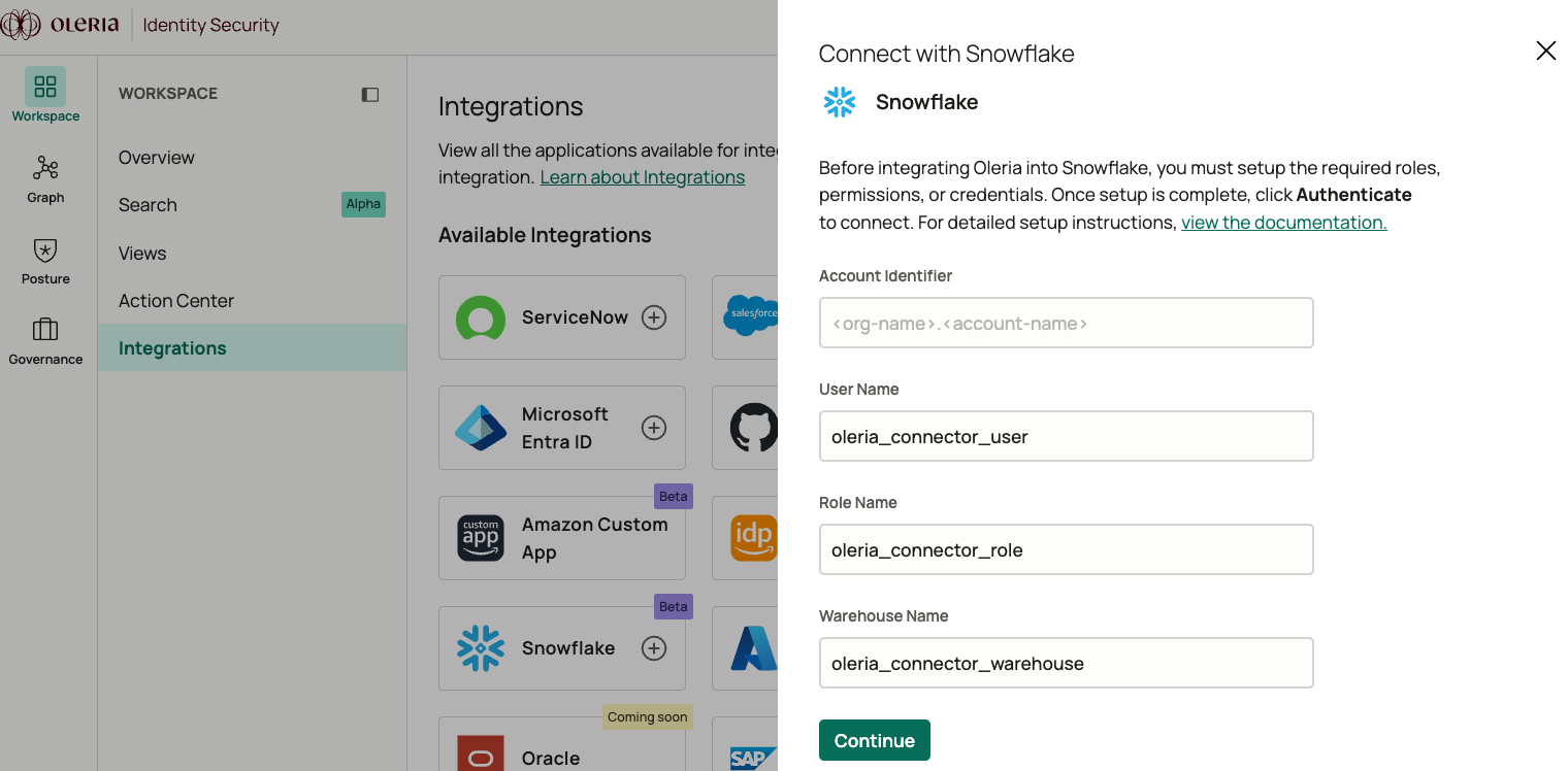 Oleria Snowflake integration setup script with configurable connector names