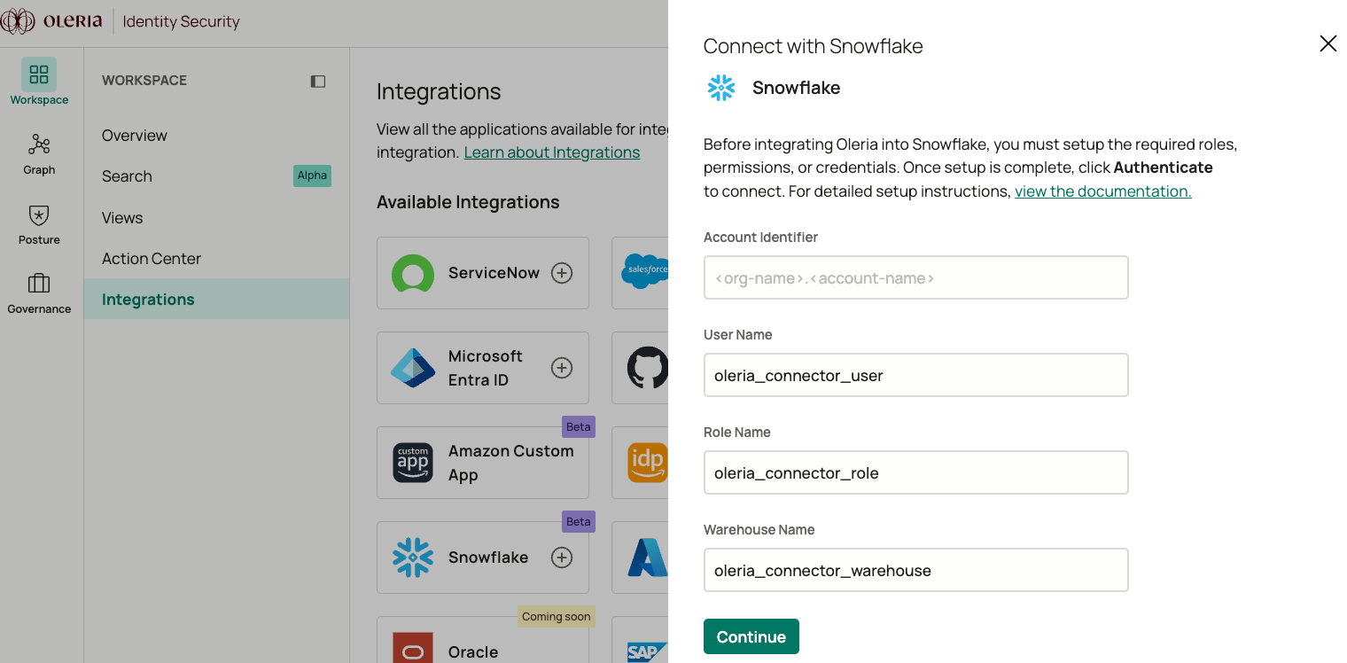 Oleria Snowflake integration setup script with configurable connector names