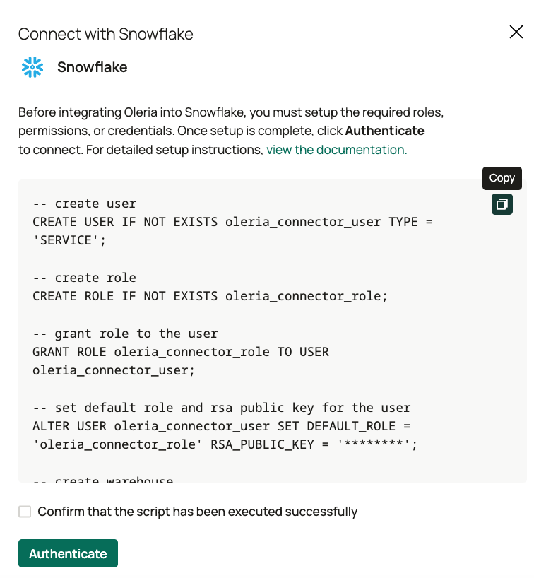 A side panel opens. A script is generated, copy the script.