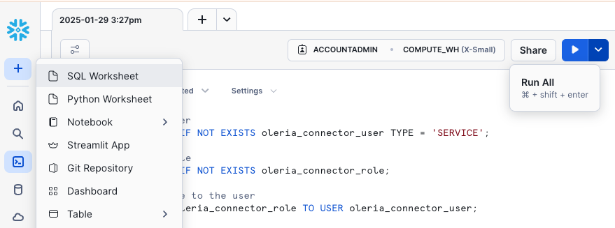 Snowflake SQL Worksheet with Oleria setup script pasted and ready to run