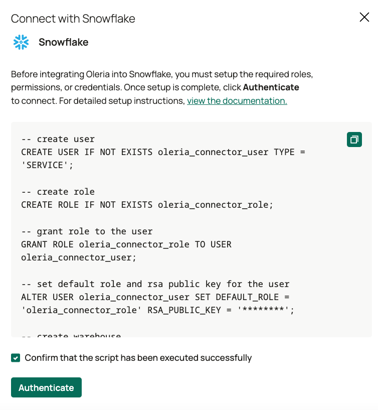 Oleria workspace Snowflake integration form with script confirmation checkbox