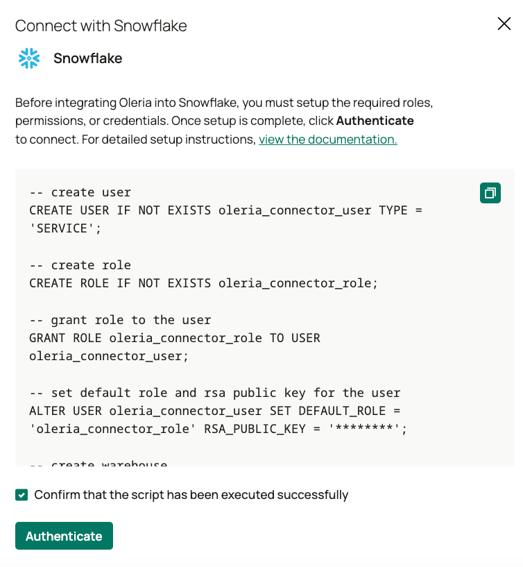 Oleria workspace Snowflake integration form with script confirmation checkbox