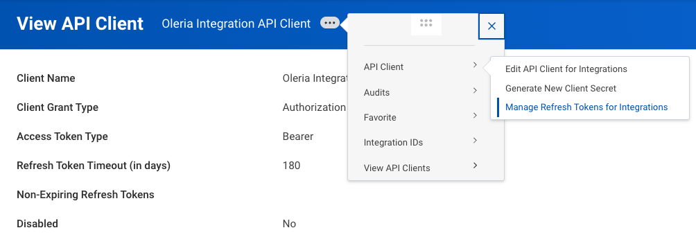 Select the eclipse → API client → Manage Refresh Tokens for Integrations
