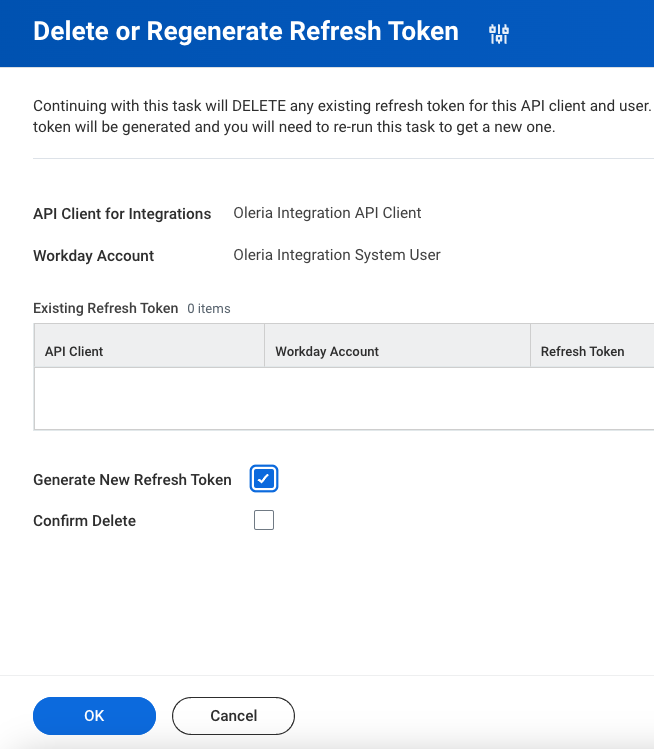 Delete or Regenerate Refresh Token opens, select Generate New Refresh Token checkbox.