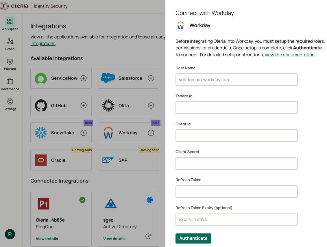 Oleria workspace Workday integration form showing optional Refresh Token Expiry field