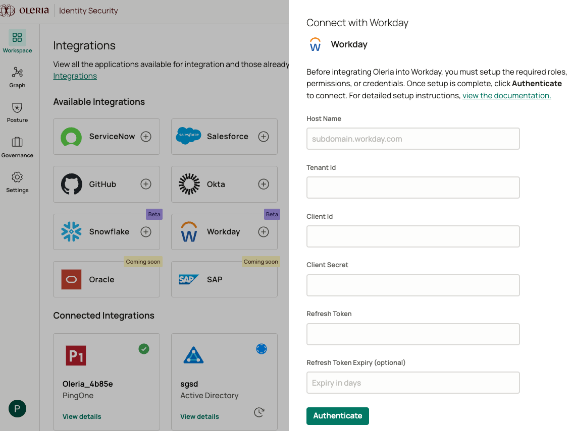 Oleria workspace Workday integration form showing optional Refresh Token Expiry field