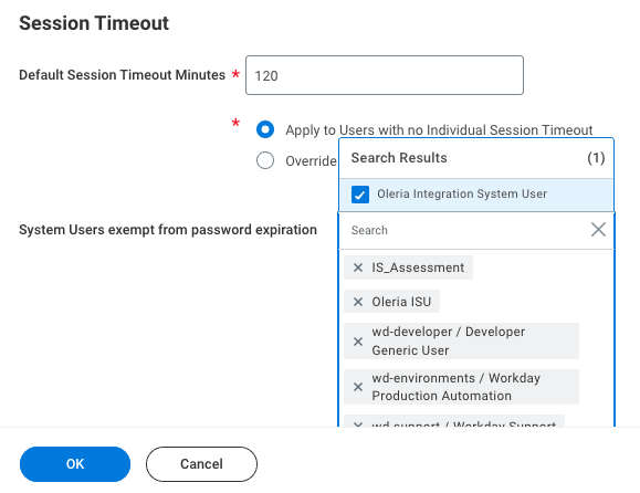 Workday System Users exempt from password expiration with Oleria user added