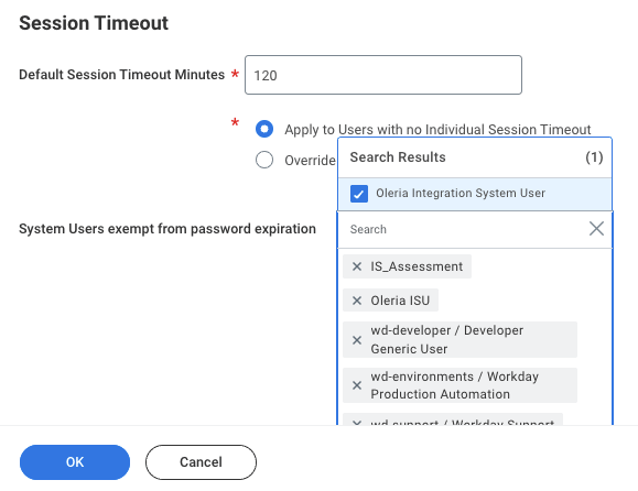 Workday System Users exempt from password expiration with Oleria user added