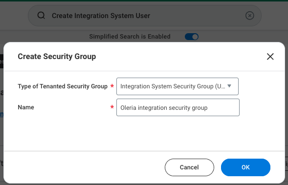 Workday security group type dropdown with Integration System Security Group selected