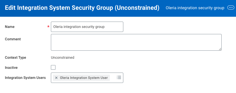 Workday Integration System User field with Oleria user selected