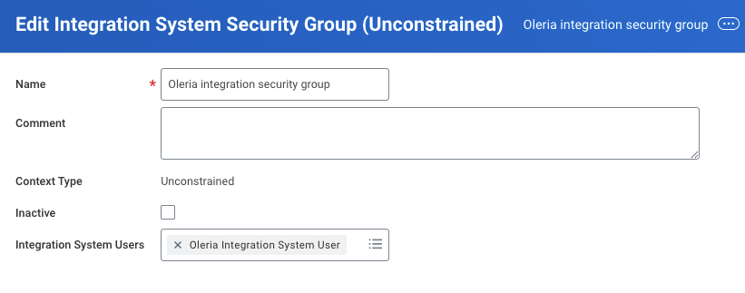 Workday Integration System User field with Oleria user selected