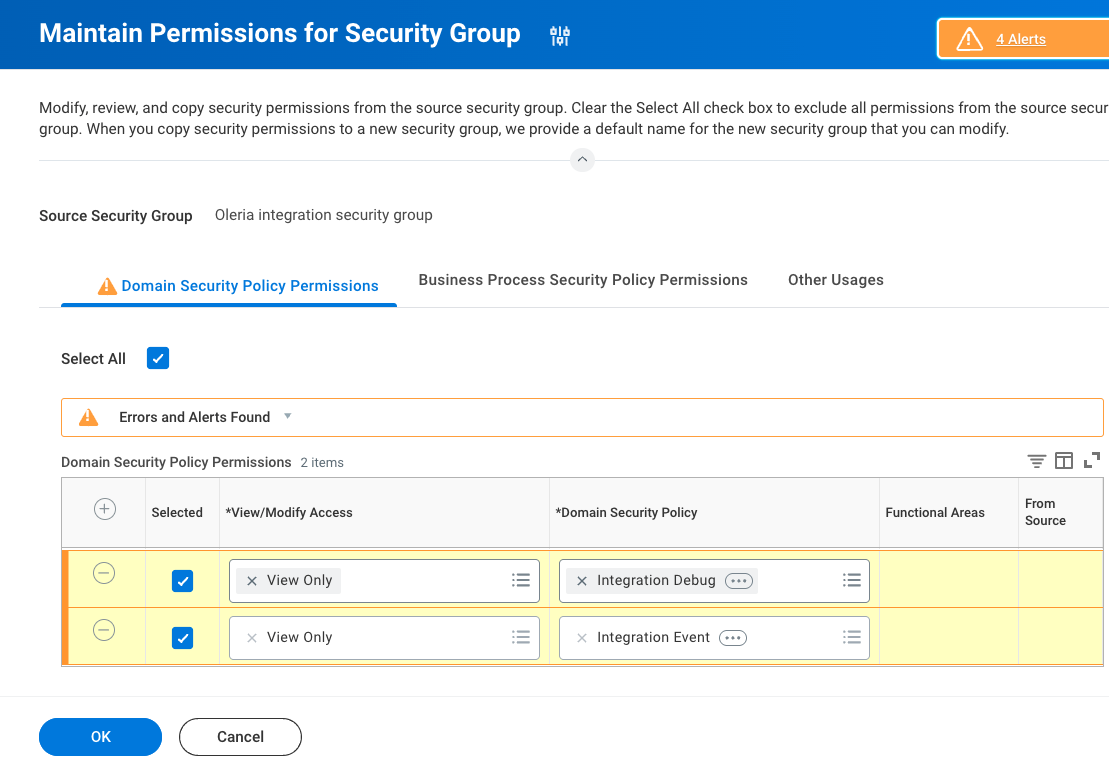 Workday Domain Security Policy Permissions table with Oleria required permissions