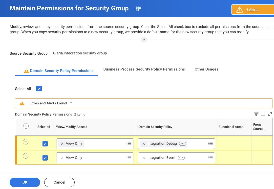 Workday Domain Security Policy Permissions table with Oleria required permissions