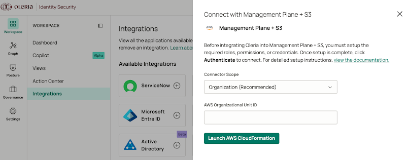 Oleria workspace AWS integration panel with Organization scope and Root ID field