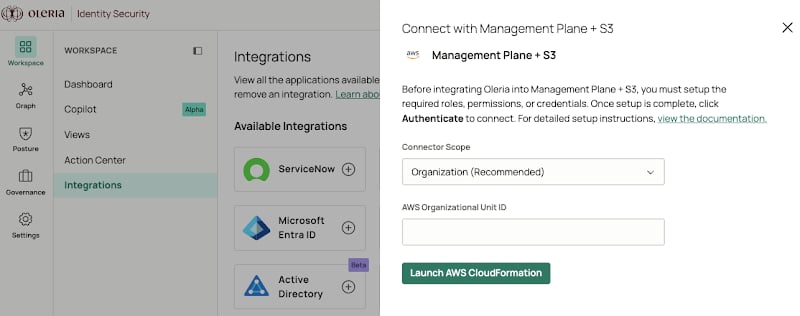 Oleria workspace AWS integration panel with Organization scope and Root ID field
