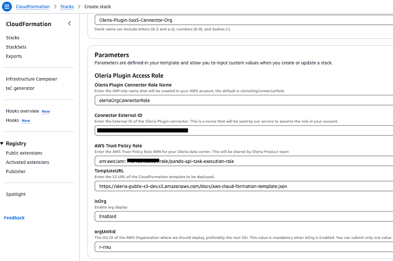 AWS CloudFormation stack creation with Oleria-Plugin-SaaS-Connector pre-selected