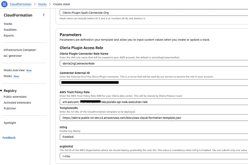 AWS CloudFormation stack creation with Oleria-Plugin-SaaS-Connector pre-selected