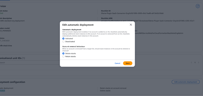 CloudFormation StackSets page with Oleria-Plugin-SaaS-Connector selected