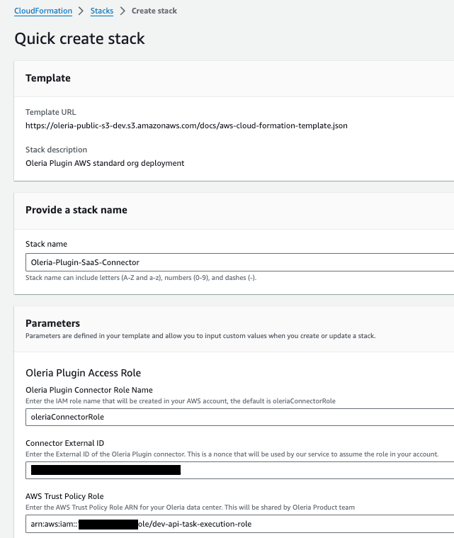 AWS CloudFormation stack creation page for account-level integration