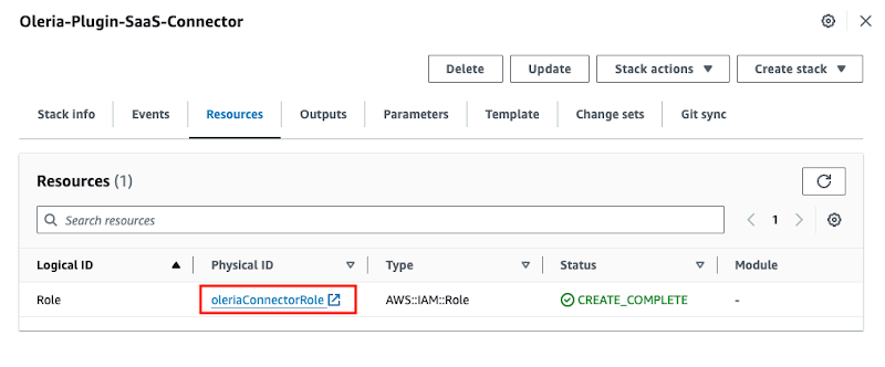 Step 6: Select the Resources tab and navigate to the oleriaConnectorRole.
