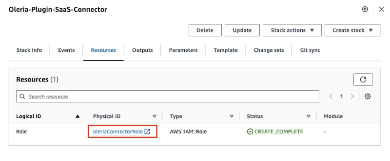 Step 6: Select the Resources tab and navigate to the oleriaConnectorRole.