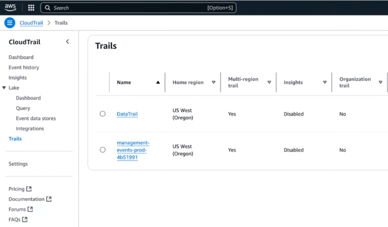 Search CloudTrail →  select Management Events