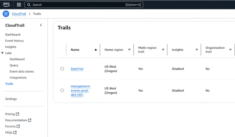 Search CloudTrail → select Management Events