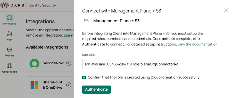 Oleria workspace with Role ARN field and checkboxes for S3 and CloudTrail enabled
