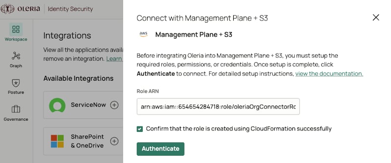 Oleria workspace with Role ARN field and checkboxes for S3 and CloudTrail enabled