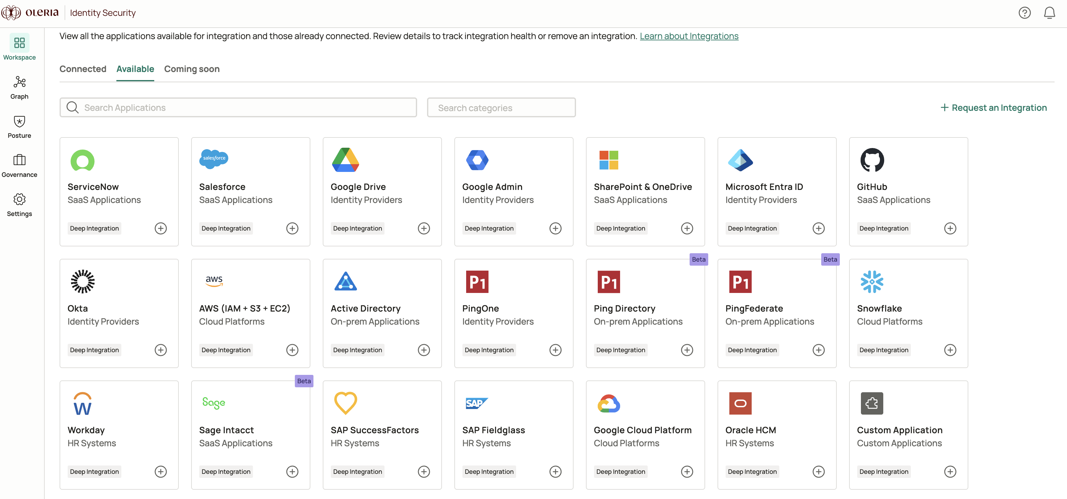 Integrations page showing the Custom Application option
