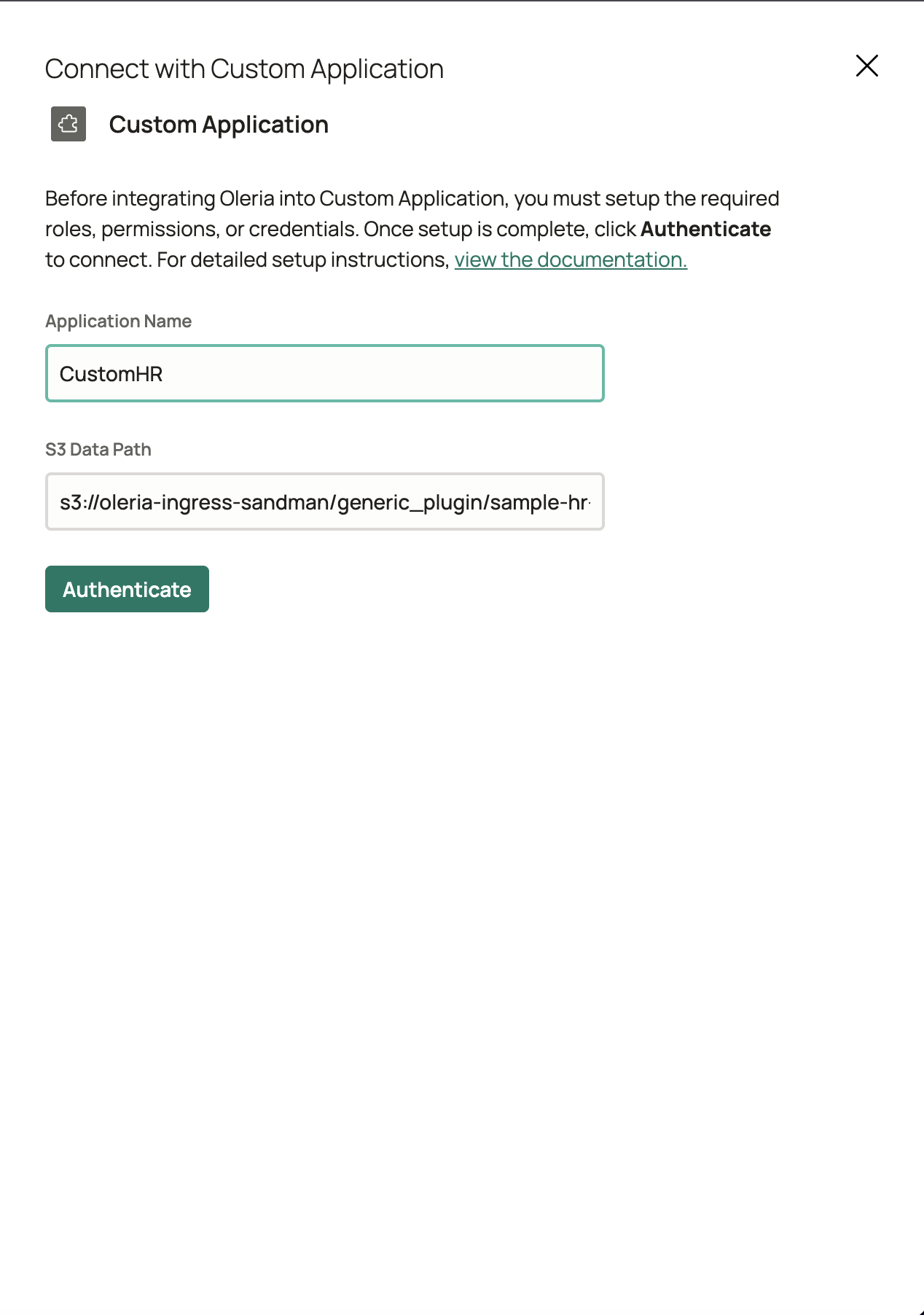 Connection form with Application Name and S3 Data Path fields