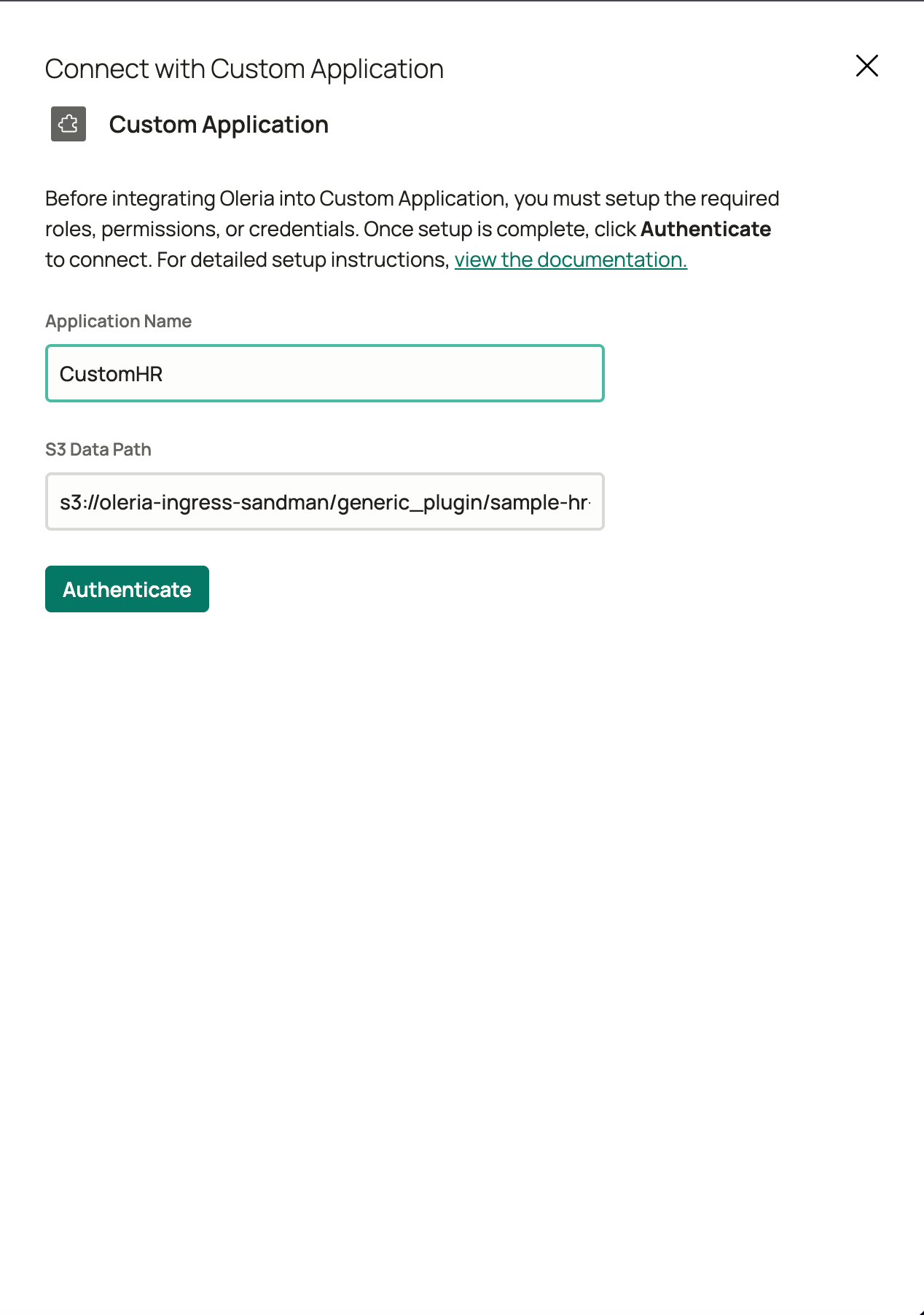 Connection form with Application Name and S3 Data Path fields