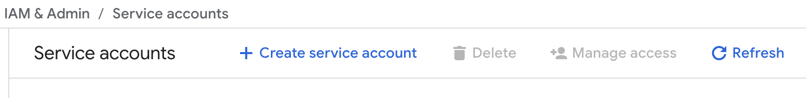 Google Cloud Console showing IAM & Admin > Service Accounts navigation