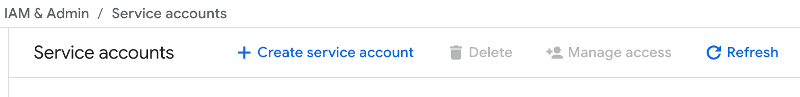 Google Cloud Console showing IAM & Admin > Service Accounts navigation