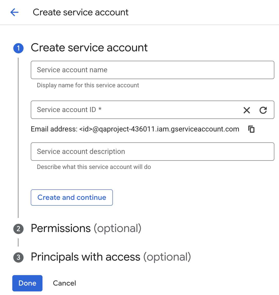 Select Create Service Account. Provide a name such as oleria-connector and click Create and Continue